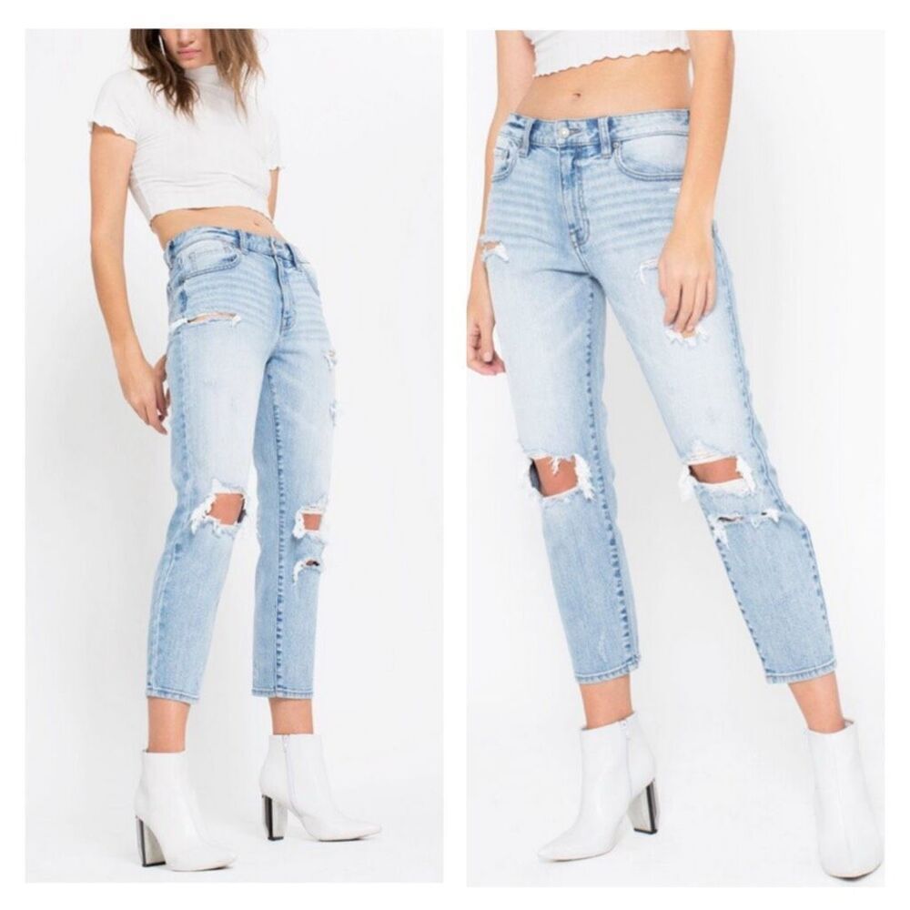 Eunina Jeans Tobi Super High Rise‎ Mom Jeans Crop Size 7 Dostressed Torn Ripped